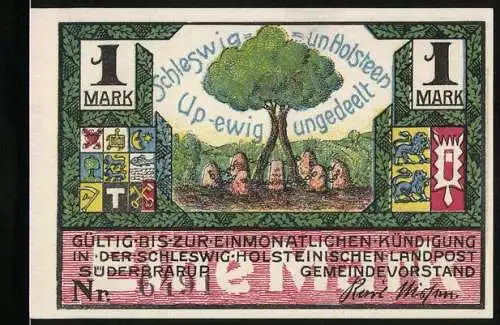 Notgeld Süderbrarup, 1 Mark, Baum & Wappen, Festveranstaltung