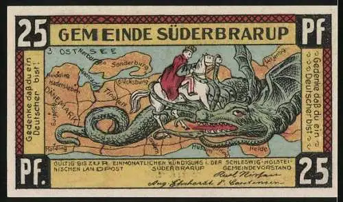 Notgeld Süderbrarup, 25 Pf, Gemeinde Süderbrarup mit Wappen und Drachenmotiv, Seriennummer 04745