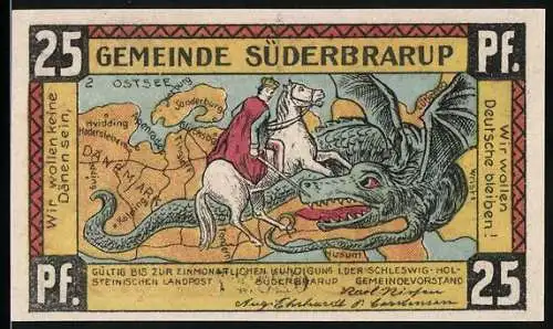 Notgeld Süderbrarup, 25 Pf, Karte mit Drachen und Reiter, Händedruck und Flaggen, Nr. 02826