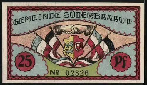 Notgeld Süderbrarup, 25 Pf, Karte mit Drachen und Reiter, Händedruck und Flaggen, Nr. 02826