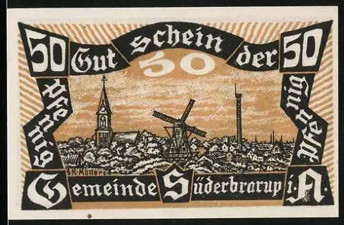 Notgeld Süderbrarup, 1920, 50 Pfennig, Windmühle und Kirche, Schlafendes Schwein auf Rückseite