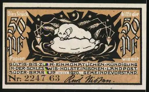 Notgeld Süderbrarup, 1920, 50 Pfennig, Windmühle und Kirche, Schlafendes Schwein auf Rückseite