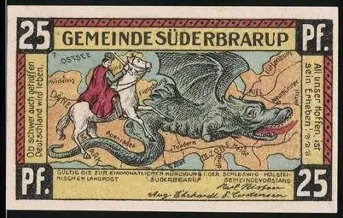 Notgeld Süderbrarup, 25 Pfennig, Drache und Reiter, Menschenmenge vor Gebäude, Gutschein Nr. 04809