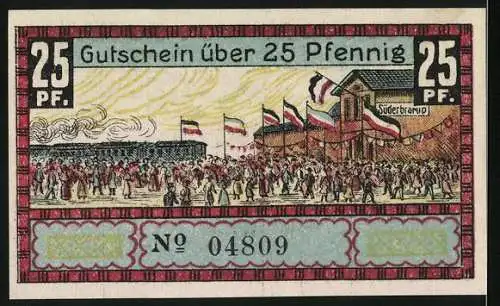 Notgeld Süderbrarup, 25 Pfennig, Drache und Reiter, Menschenmenge vor Gebäude, Gutschein Nr. 04809