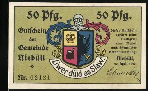 Notgeld Niebüll, 1920, 50 Pfennig, Gutschein der Gemeinde mit Wappen und sitzender Mann rauchend am Tisch