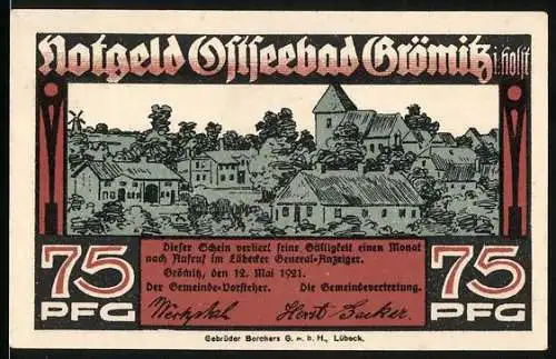 Notgeld Ostseebad Grömitz 1921, 75 Pfg, Stadtansicht, Strand mit Notgeldburg