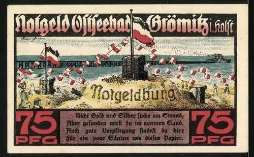 Notgeld Ostseebad Grömitz 1921, 75 Pfg, Stadtansicht, Strand mit Notgeldburg