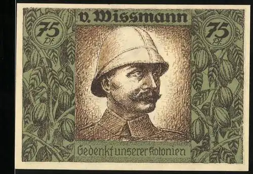 Notgeld Berlin 1921, 75 Pf, Portrait v. Wissmann, Gedenkt Unserer Kolonien Vorderseite, Afrikakarte Rückseite