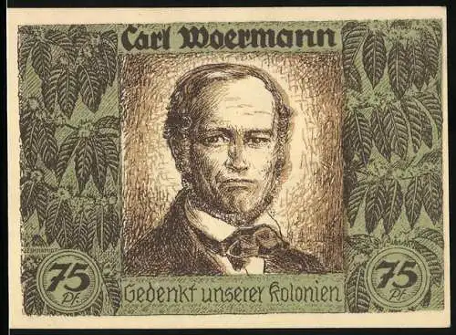 Notgeld Berlin 1921, 75 Pf., Carl Woermann Portrait und Afrikakarte, Deutsche Kolonien