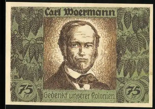 Notgeld Berlin 1921, 75 Pf, Carl Woermann Portrait und Karte von Afrika, Deutsch-Hanseatischer Kolonial-Gedenktag