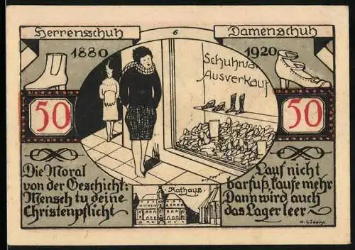 Notgeld Weissenfels, 1921, 50 Pfennig, Schuhverkauf Illustration und Stadtwappen