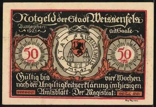 Notgeld Weissenfels, 1921, 50 Pfennig, Schuhverkauf Illustration und Stadtwappen