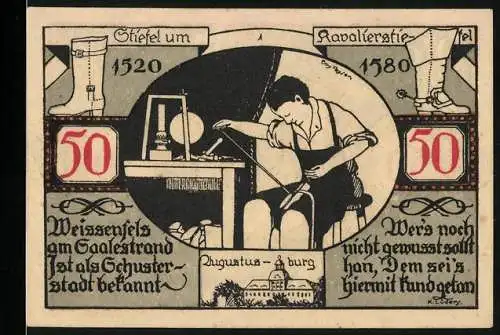 Notgeld Weissenfels 1921, 50 Pfennig, Schusterstadt-Thema mit Stadtwappen und Gültigkeitshinweis