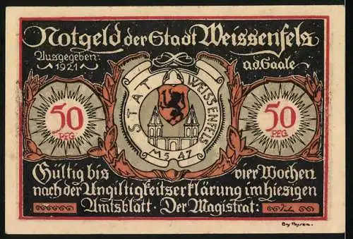 Notgeld Weissenfels 1921, 50 Pfennig, Schusterstadt-Thema mit Stadtwappen und Gültigkeitshinweis