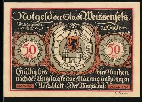 Notgeld Weissenfels 1921, 50 Pfennig, Wappen der Stadt und Innenansicht einer Fabrik