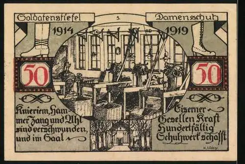 Notgeld Weissenfels 1921, 50 Pfennig, Wappen der Stadt und Innenansicht einer Fabrik