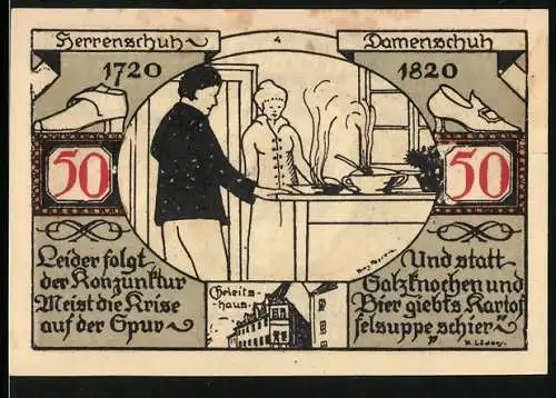 Notgeld Weissenfels, 1921, 50 Pfennig, Serie mit Illustration von Schuhen und Küche