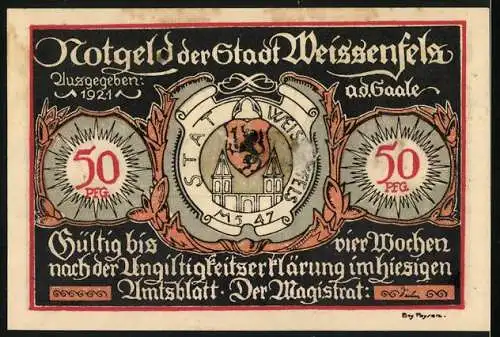 Notgeld Weissenfels, 1921, 50 Pfennig, Serie mit Illustration von Schuhen und Küche