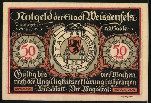 Notgeld Weissenfels 1921, 50 Pfennig, Reiterstiefel 1620-1680 und Stadtwappen