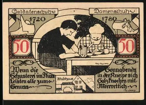 Notgeld Weissenfels 1921, 50 Pfennig, Soldatenschuhe und Damenschuh, Mann und Frau sitzend, Stadtwappen