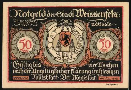 Notgeld Weissenfels 1921, 50 Pfennig, Soldatenschuhe und Damenschuh, Mann und Frau sitzend, Stadtwappen