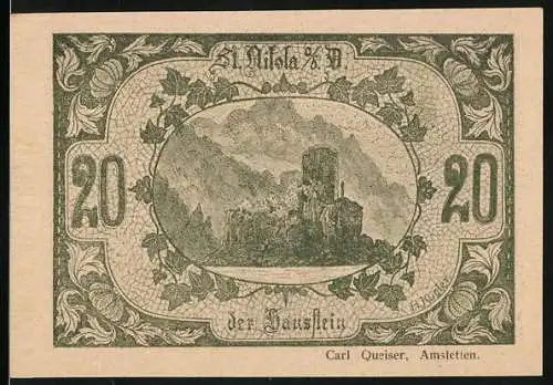 Notgeld St. Nikola a.d. Donau 1920, 20 Heller, Darstellung der Burgruine Hausstein und Text mit Wappen