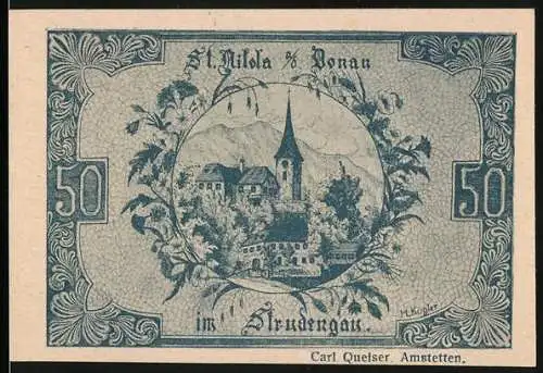 Notgeld St. Nikola / Donau, 1920, 50 Heller, Landschaft und Kirche im Strudengau, Carl Queiser Amstetten