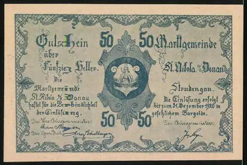 Notgeld St. Nikola / Donau, 1920, 50 Heller, Landschaft und Kirche im Strudengau, Carl Queiser Amstetten