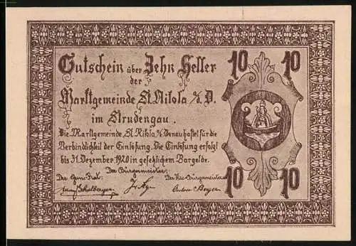 Notgeld St. Nikola a. d. Donau, 1920, 10 Heller, Gutschein über Zehn Heller, Ruine Werfenstein