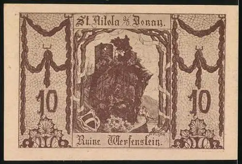 Notgeld St. Nikola a. d. Donau, 1920, 10 Heller, Gutschein über Zehn Heller, Ruine Werfenstein