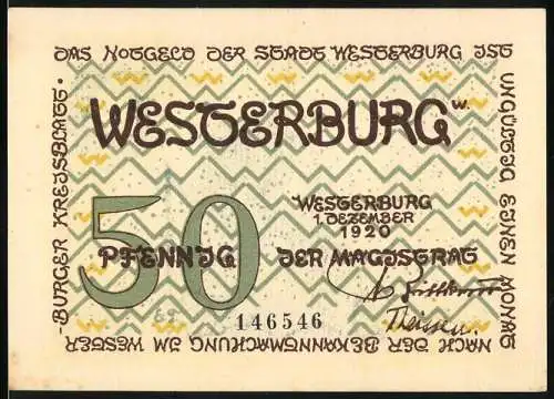 Notgeld Westerburg, 1920, 50 Pfennig, Vorderseite mit Text und Wert, Rückseite mit Irmtrautsche Vasallenhaus und Wappen