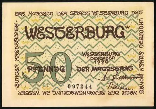 Notgeld Westerburg 1920, 50 Pfennig, Irmtrautsche Vasallenhaus und Stadtwappen, Rückseite mit Zickzackmuster