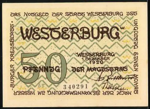 Notgeld Westerburg, 1920, 50 Pfennig, Hallenkirche, Stadtwappen und Zickzack-Muster