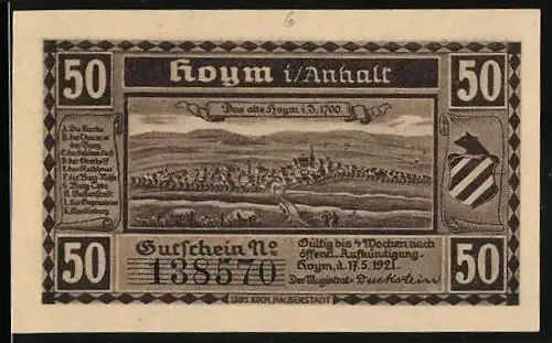 Notgeld Hoym / Anhalt, 1921, 50 Pfennig, Stadtansicht von Hoym und historische Szene mit Wachen