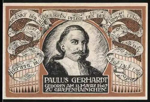 Notgeld Gräfenhainichen, 1921, 100 Pf, Paulus Gerhardt Porträt, Stadtansicht und Gedenkinschrift