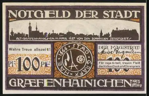 Notgeld Gräfenhainichen, 1921, 100 Pf, Paulus Gerhardt Porträt, Stadtansicht und Gedenkinschrift