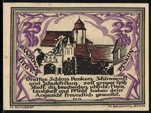 Notgeld Stettin- Randow 1921, 25 Pfennig, Uraltes Schloss Penkun, Ersatzwertzeichen gültig bis 30. Juni 1922