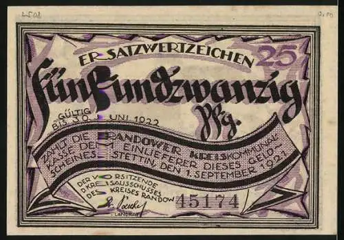 Notgeld Stettin- Randow 1921, 25 Pfennig, Uraltes Schloss Penkun, Ersatzwertzeichen gültig bis 30. Juni 1922