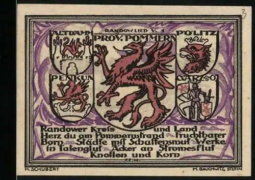 Notgeld Stettin- Randow 1922, 25 Pfennig, Provinz Pommern mit Löwen-Wappen und Gültigkeitshinweis bis 30. Juni 1922