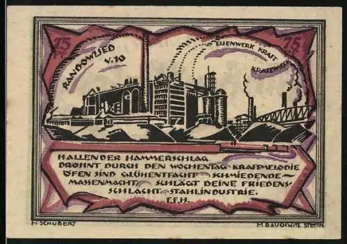 Notgeld Stettin- Randow 1922, 75 Pf, Darstellung eines Eisenwerks und Text über Stahlindustrie