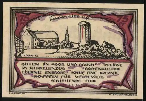 Notgeld Stettin- Randow 1922, 75 Pfennig, Ersatzwertzeichen, Gebäudeansicht und Landschaft mit Text