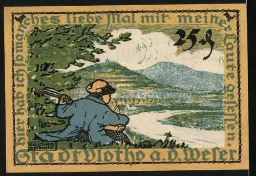 Notgeld Vlotho a.d. Weser 1921, 25 Pfennig, Landschaft mit Mann und Laute, Seriennummer 099881