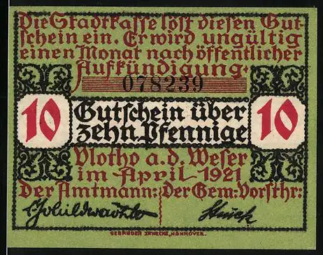 Notgeld Vlotho, 1921, 10 Pfennig, Gutschein über zehn Pfennig mit Stadtwappen und Lilienmotiv