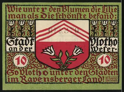 Notgeld Vlotho, 1921, 10 Pfennig, Gutschein über zehn Pfennig mit Stadtwappen und Lilienmotiv