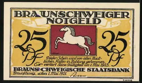 Notgeld Braunschweig 1921, 25 Pf, Schloss Blankenburg, Pferd, Braunschweigische Staatsbank