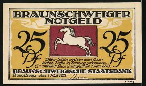 Notgeld Braunschweig 1921, 25 Pf, Vorderseite Kurhaus Bad Harzburg, Rückseite Braunschweiger Staatsbank mit Pferd