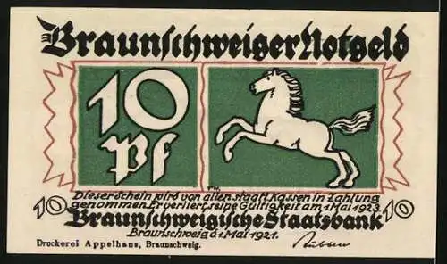 Notgeld Braunschweig 1921, 10 Pfennig, Blankenburg am Harz und Pferd der Braunschweigischen Staatsbank