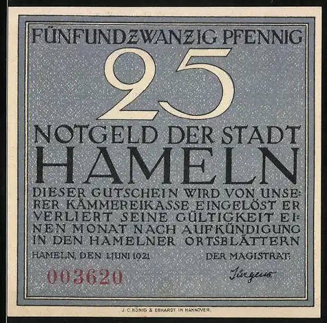 Notgeld Hameln, 1921, 25 Pfennig, Gutschein der Stadt und Der Siebenlinge von 1600