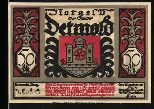 Notgeld Detmold, 1921, 50 Pfennig, Wappen und Burg, Rückseite mit Krieger im Wald