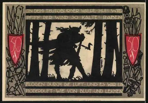 Notgeld Detmold, 1921, 50 Pfennig, Wappen und Burg, Rückseite mit Krieger im Wald